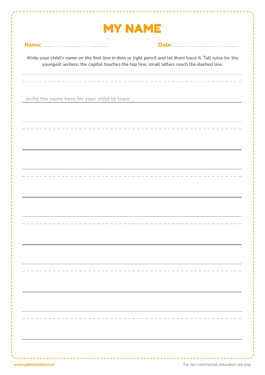 Blank name strips: tall rules (ages 3 to 4) Blank name strips: tall rules (ages 3 to 4) – free printable PDF worksheet, page 1 preview (8 free name tracing worksheets)
