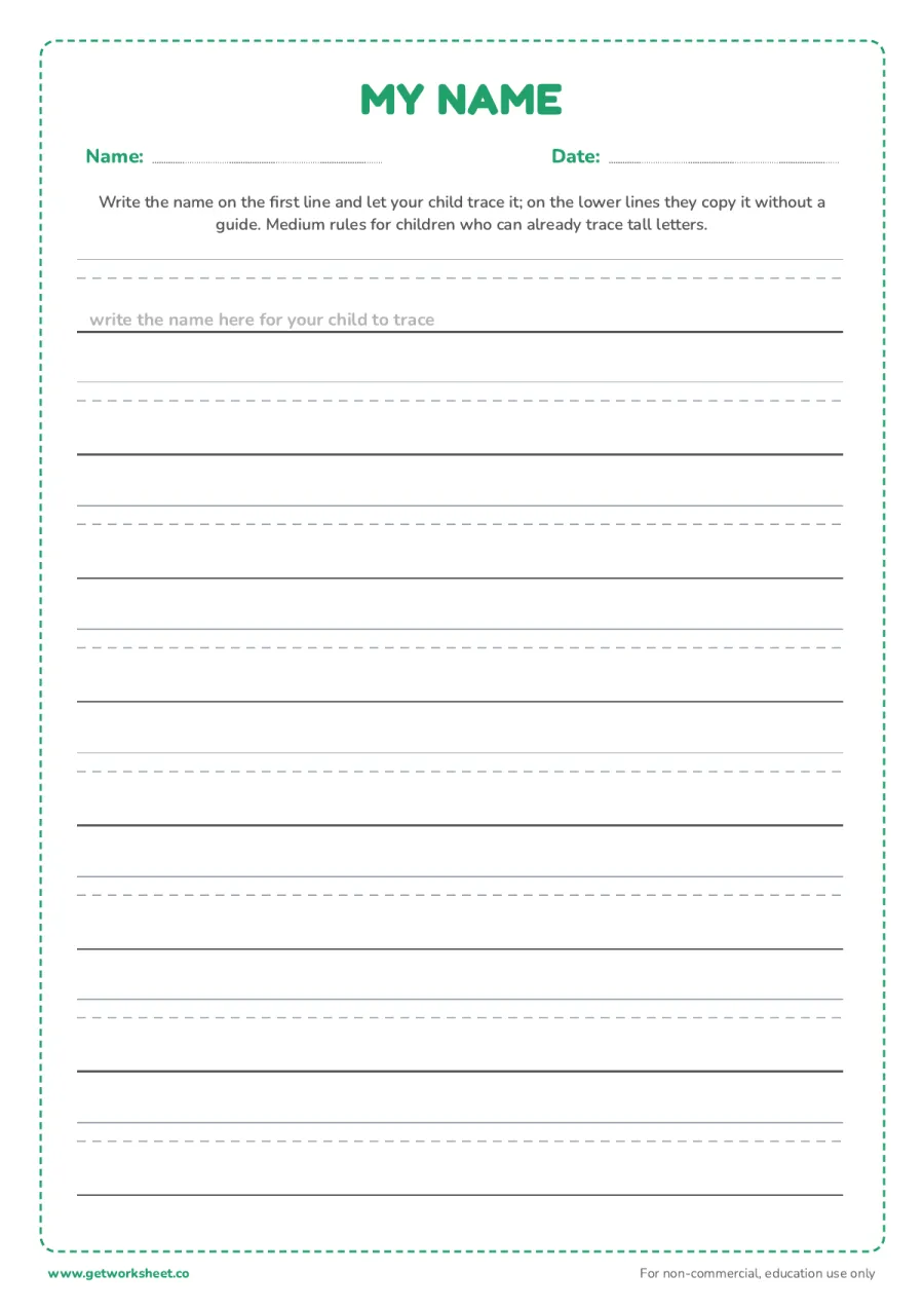 Blank name strips: medium rules (ages 4 to 5) Blank name strips: medium rules (ages 4 to 5) – free printable PDF worksheet, page 1 preview (8 free name tracing worksheets)