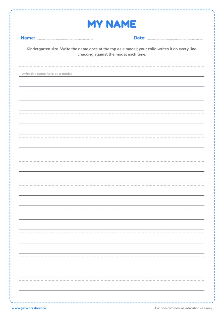Blank name strips: small rules (kindergarten) Blank name strips: small rules (kindergarten) – free printable PDF worksheet, page 1 preview (8 free name tracing worksheets)