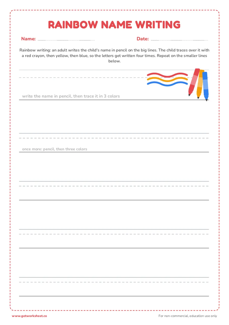 Rainbow name writing Rainbow name writing – free printable PDF worksheet, page 1 preview (8 free name tracing worksheets)