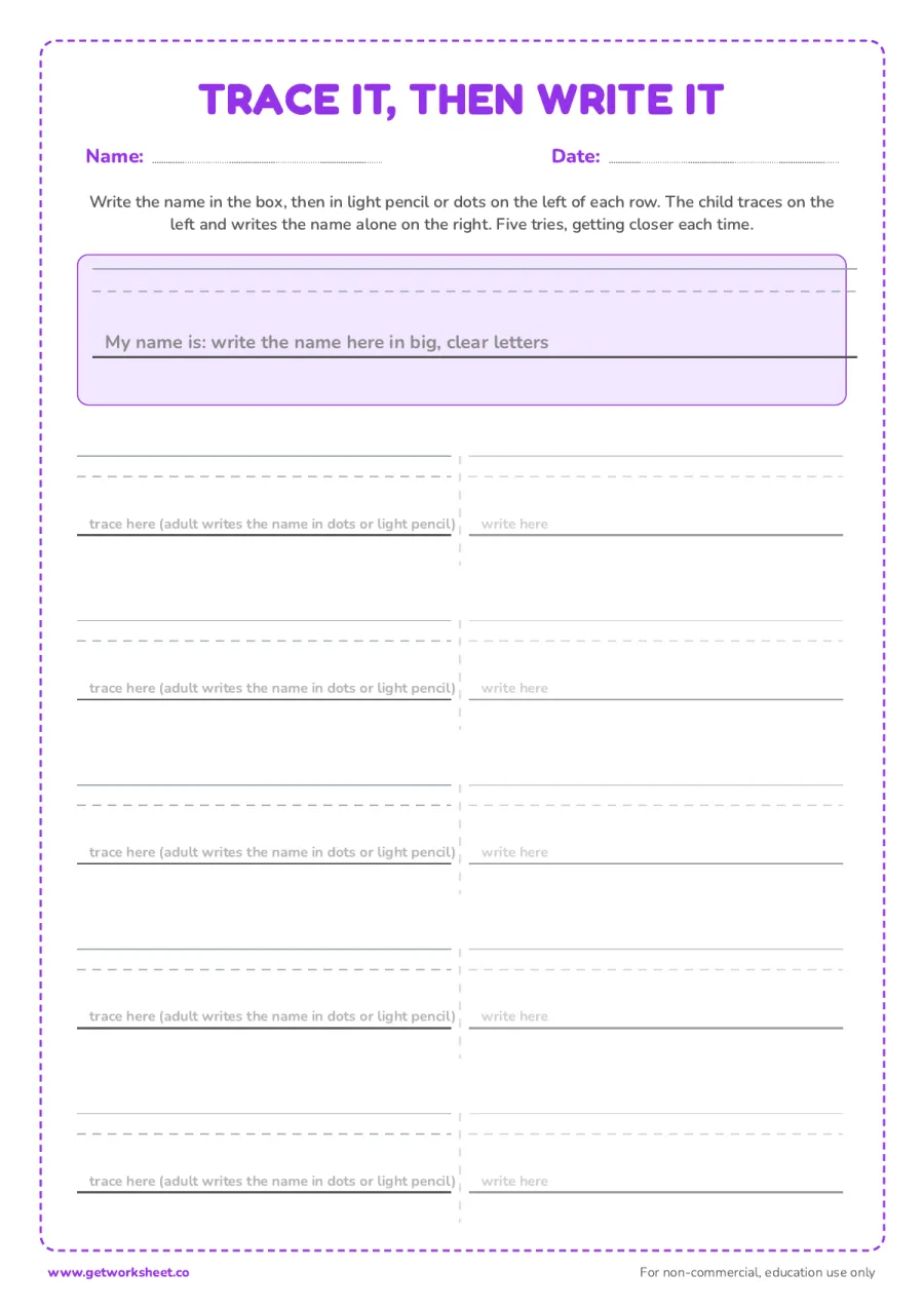 Trace it, then write it Trace it, then write it – free printable PDF worksheet, page 1 preview (8 free name tracing worksheets)
