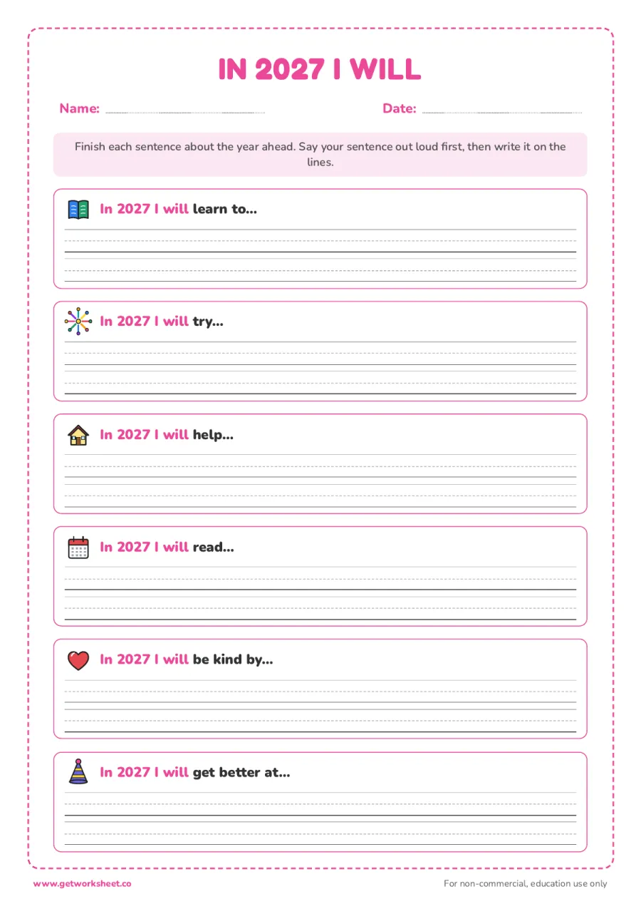 In 2027 I will: sentence starters In 2027 I will: sentence starters – free printable PDF worksheet, page 1 preview (6 free New Year's resolution worksheets)