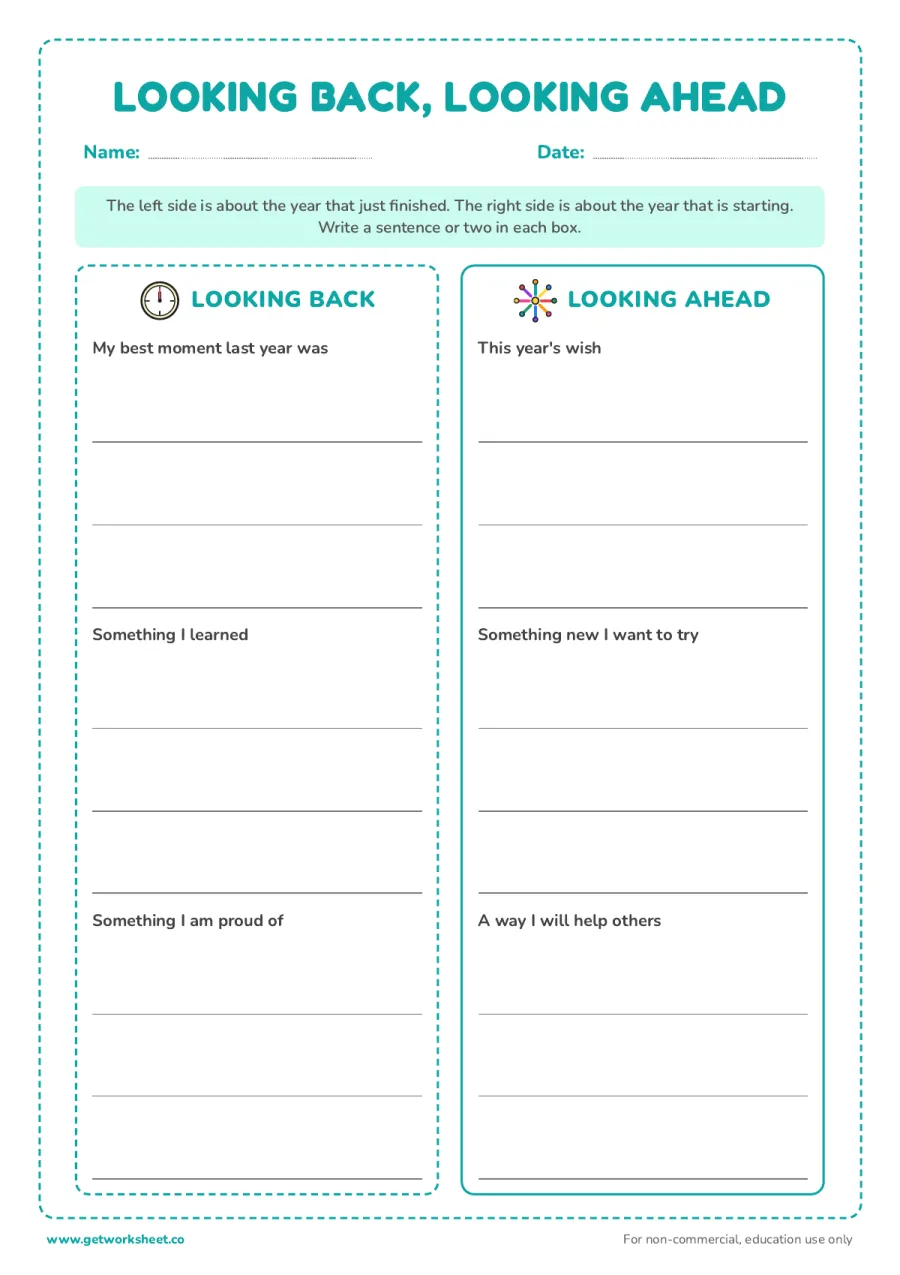 Looking back, looking ahead Looking back, looking ahead – free printable PDF worksheet, page 1 preview (6 free New Year's resolution worksheets)