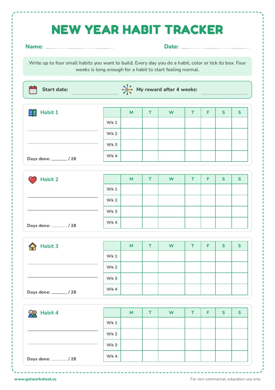New Year habit tracker: 4 weeks New Year habit tracker: 4 weeks – free printable PDF worksheet, page 1 preview (6 free New Year's resolution worksheets)