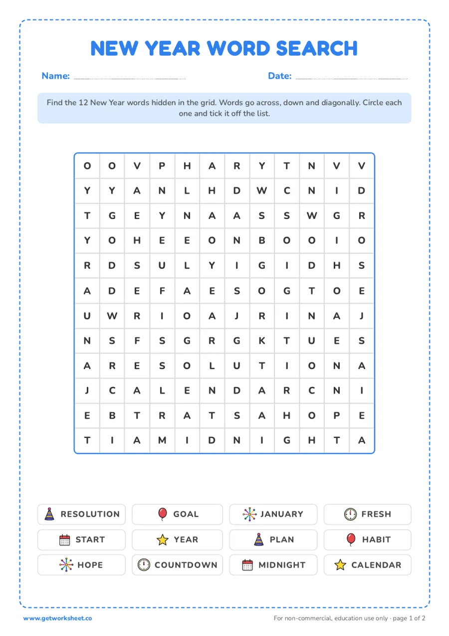New Year word search New Year word search – free printable PDF worksheet, page 1 preview (6 free New Year's resolution worksheets)