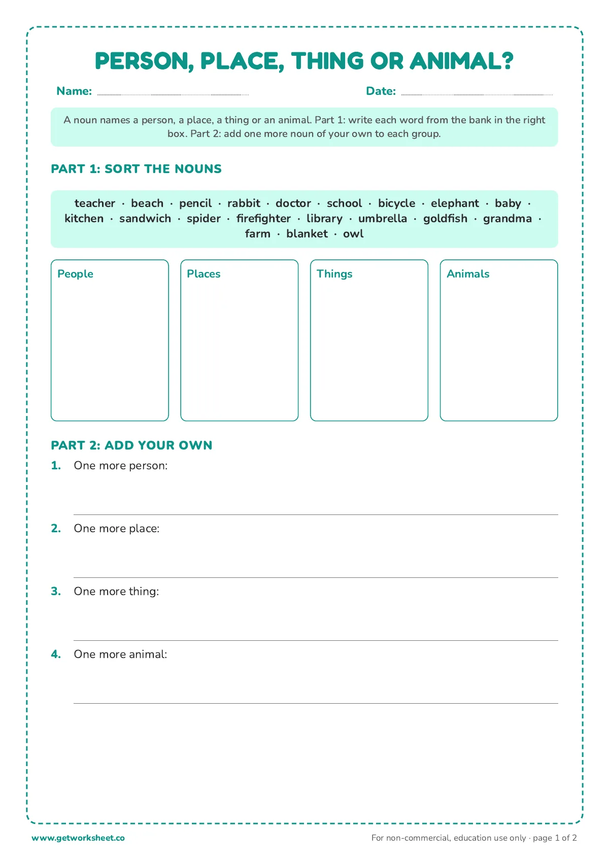 Nouns Worksheets: 5 Free Printables for Grades 1 to 3