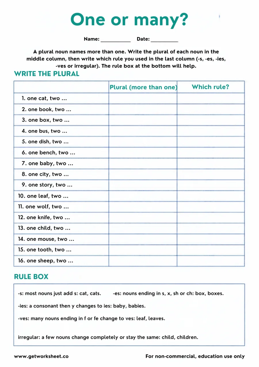 One or many? Write the plural of 16 nouns and name the rule: -s, -es, -ies, -ves or irregular – free printable PDF worksheet, page 1 preview (5 free nouns worksheets)