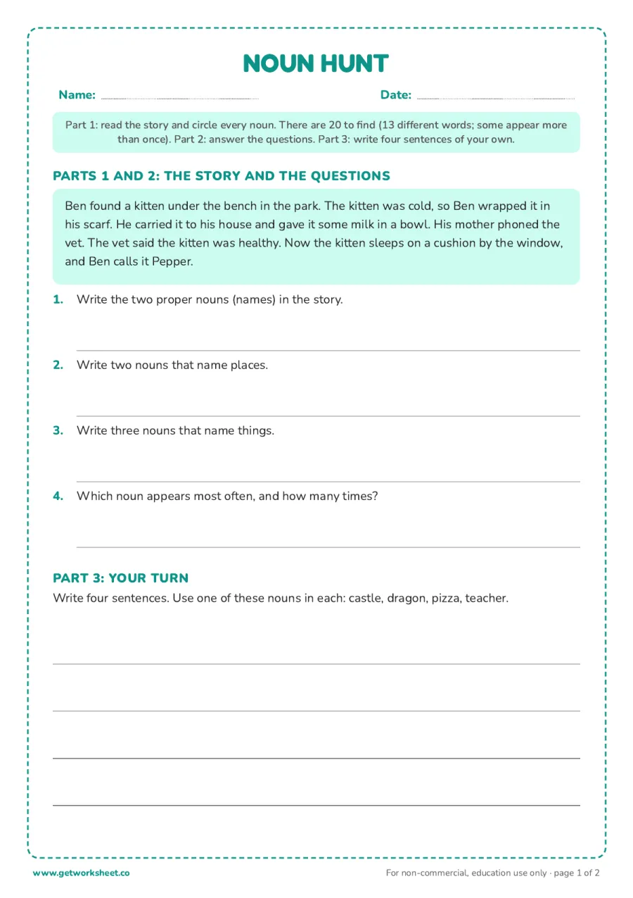 Noun hunt: circle 20 nouns in a story about a lost kitten, then write your own sentences – free printable PDF worksheet, page 1 preview (5 free nouns worksheets)