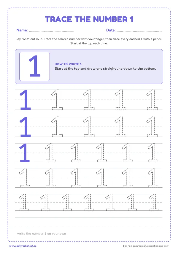 Free number 1 tracing worksheets – free printable worksheets preview