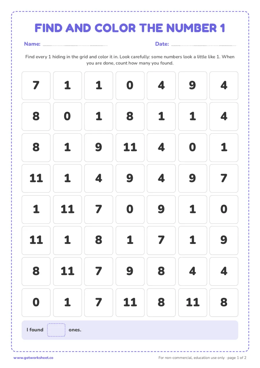 Find and color the number 1 (with answer key) – free printable PDF worksheet, page 1 preview (5 free number 1 tracing worksheets)