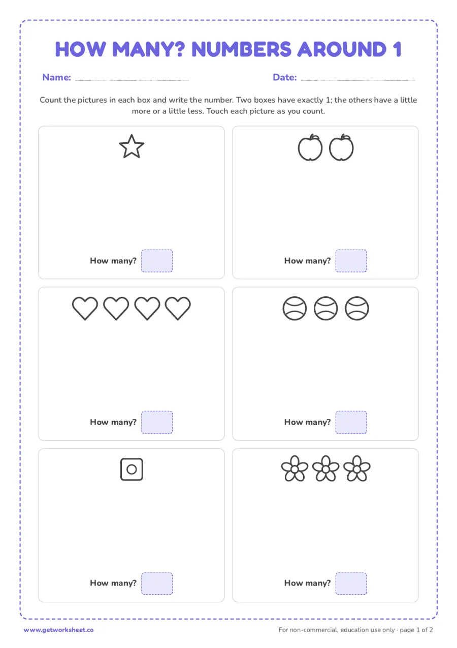 How many? Counting pictures around 1 (with answer key) – free printable PDF worksheet, page 1 preview (5 free number 1 tracing worksheets)