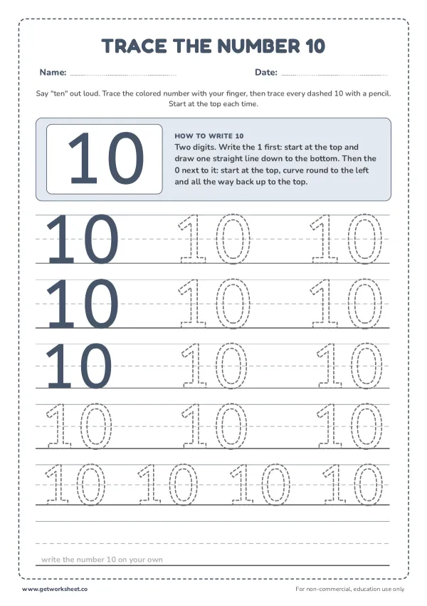 Free number 10 tracing worksheets – free printable worksheets preview