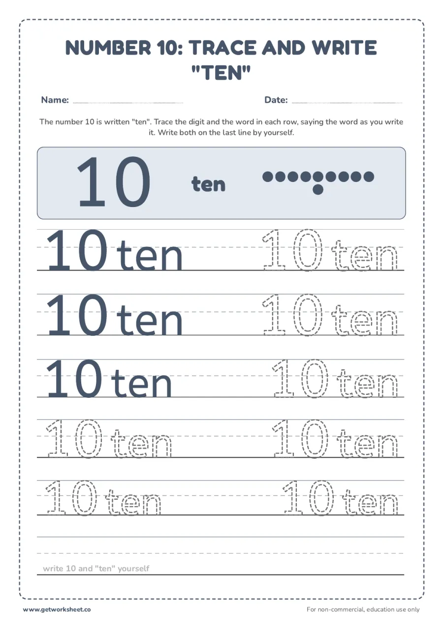 Number 10 and the word "ten": trace and write Number 10 and the word "ten": trace and write – free printable PDF worksheet, page 1 preview (5 free number 10 tracing worksheets)