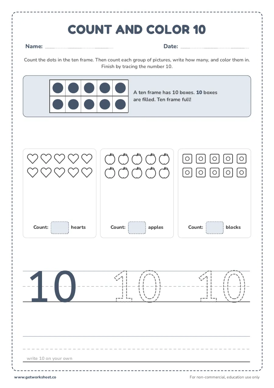 Count and color 10: ten frame and three groups Count and color 10: ten frame and three groups – free printable PDF worksheet, page 1 preview (5 free number 10 tracing worksheets)