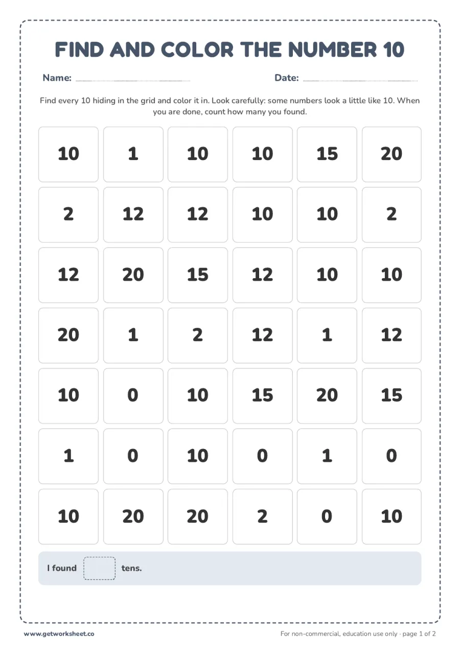 Find and color the number 10 (with answer key) Find and color the number 10 (with answer key) – free printable PDF worksheet, page 1 preview (5 free number 10 tracing worksheets)