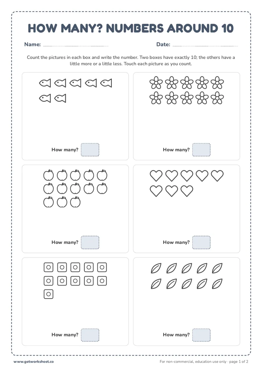 How many? Counting pictures around 10 (with answer key) How many? Counting pictures around 10 (with answer key) – free printable PDF worksheet, page 1 preview (5 free number 10 tracing worksheets)
