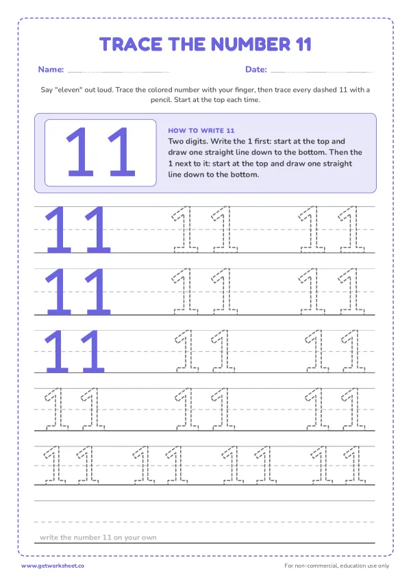 Free number 11 tracing worksheets – free printable worksheets preview