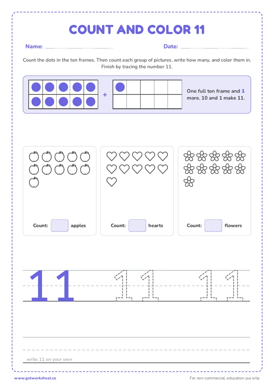 Count and color 11: ten frame and three groups Count and color 11: ten frame and three groups – free printable PDF worksheet, page 1 preview (5 free number 11 tracing worksheets)