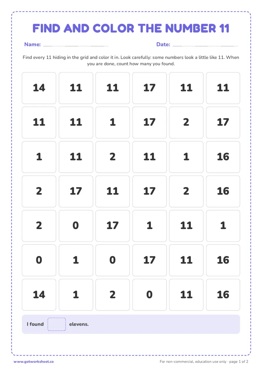 Find and color the number 11 (with answer key) Find and color the number 11 (with answer key) – free printable PDF worksheet, page 1 preview (5 free number 11 tracing worksheets)