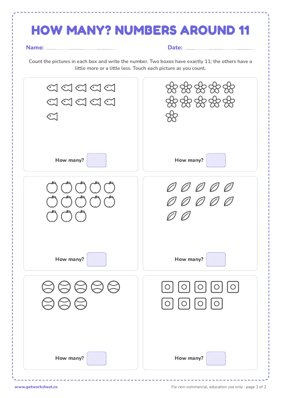 How many? Counting pictures around 11 (with answer key) How many? Counting pictures around 11 (with answer key) – free printable PDF worksheet, page 1 preview (5 free number 11 tracing worksheets)