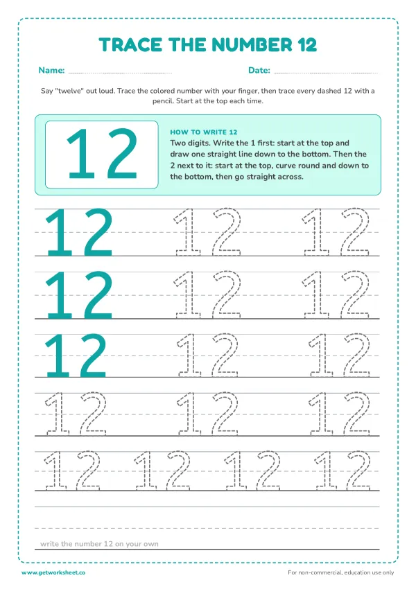 Free number 12 tracing worksheets – free printable worksheets preview