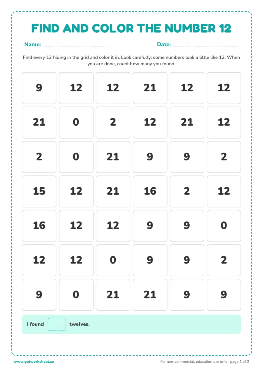 Find and color the number 12 (with answer key) – free printable PDF worksheet, page 1 preview (5 free number 12 tracing worksheets)