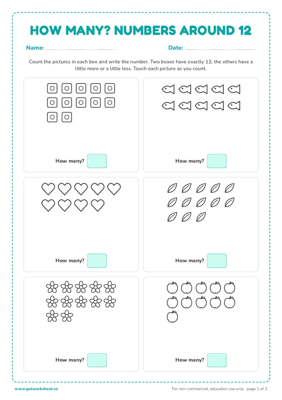 How many? Counting pictures around 12 (with answer key) – free printable PDF worksheet, page 1 preview (5 free number 12 tracing worksheets)