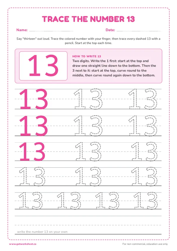 Free number 13 tracing worksheets – free printable worksheets preview