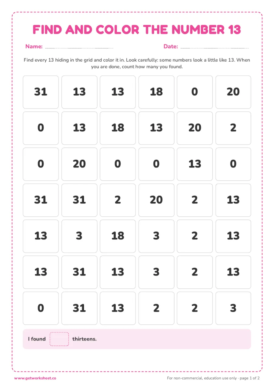 Find and color the number 13 (with answer key) – free printable PDF worksheet, page 1 preview (5 free number 13 tracing worksheets)