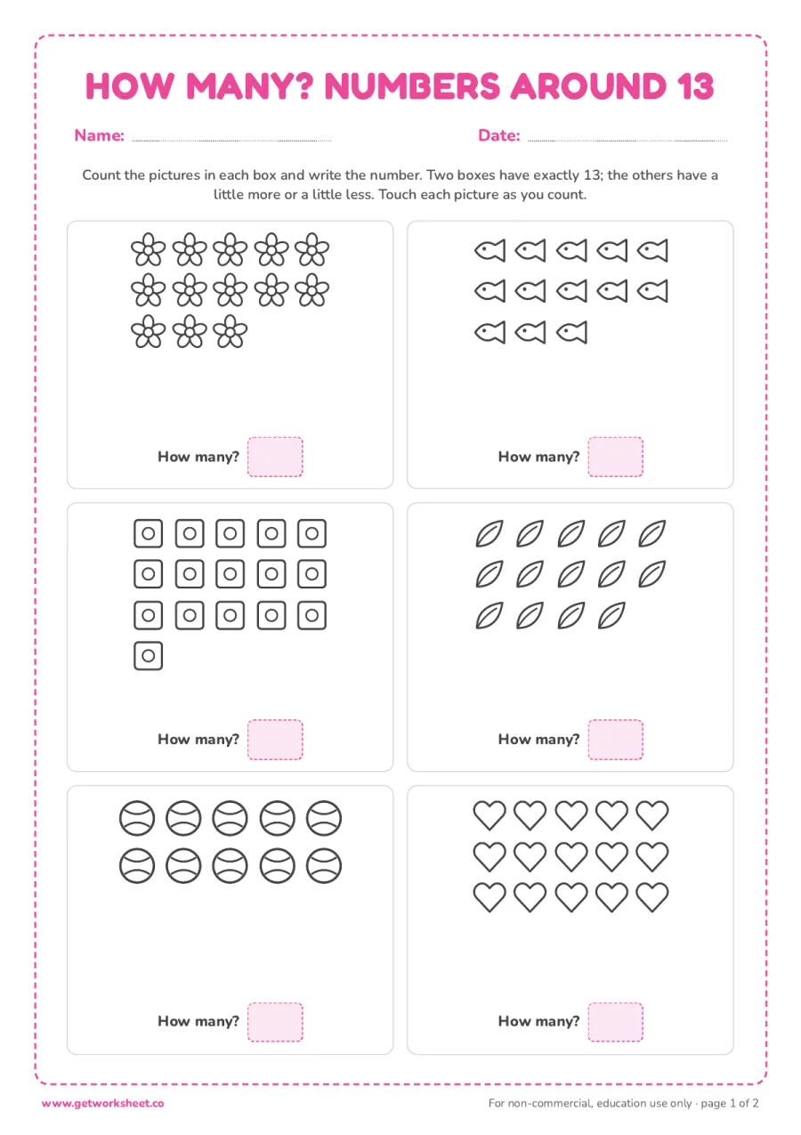 How many? Counting pictures around 13 (with answer key) – free printable PDF worksheet, page 1 preview (5 free number 13 tracing worksheets)
