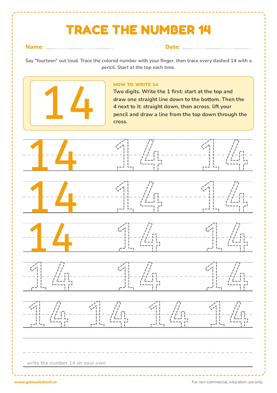 Trace the number 14: model, formation cue and five rows Trace the number 14: model, formation cue and five rows – free printable PDF worksheet, page 1 preview (5 free number 14 tracing worksheets)