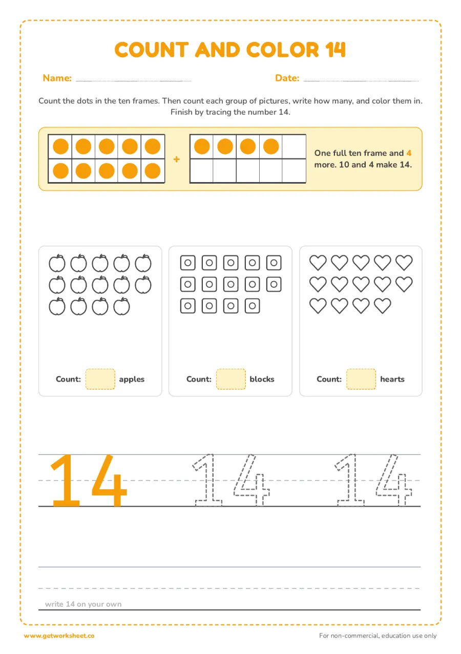 Count and color 14: ten frame and three groups Count and color 14: ten frame and three groups – free printable PDF worksheet, page 1 preview (5 free number 14 tracing worksheets)
