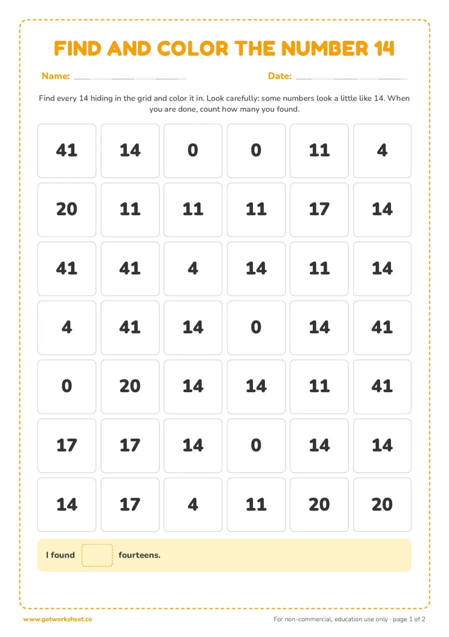 Find and color the number 14 (with answer key) Find and color the number 14 (with answer key) – free printable PDF worksheet, page 1 preview (5 free number 14 tracing worksheets)