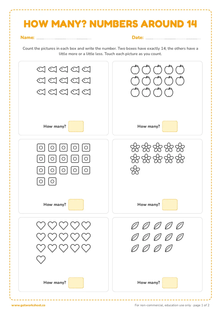 How many? Counting pictures around 14 (with answer key) How many? Counting pictures around 14 (with answer key) – free printable PDF worksheet, page 1 preview (5 free number 14 tracing worksheets)