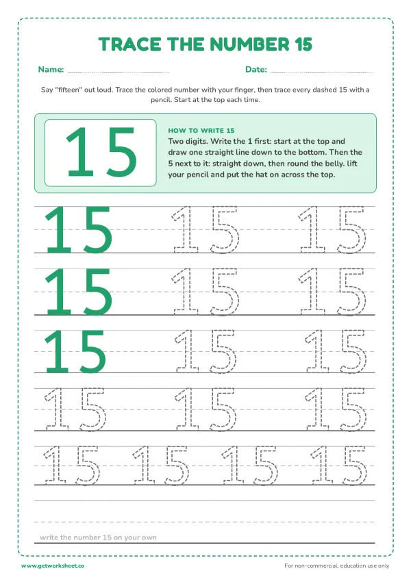 Free number 15 tracing worksheets – free printable worksheets preview