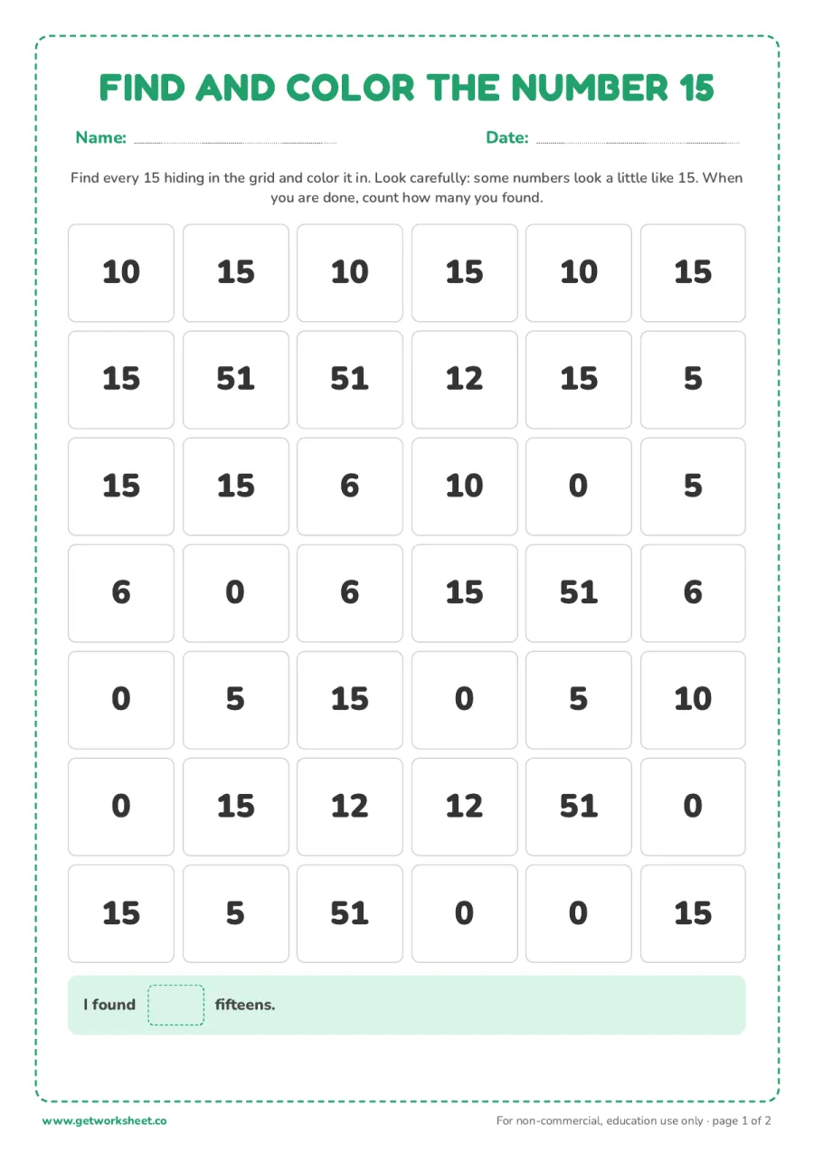 Find and color the number 15 (with answer key) – free printable PDF worksheet, page 1 preview (5 free number 15 tracing worksheets)