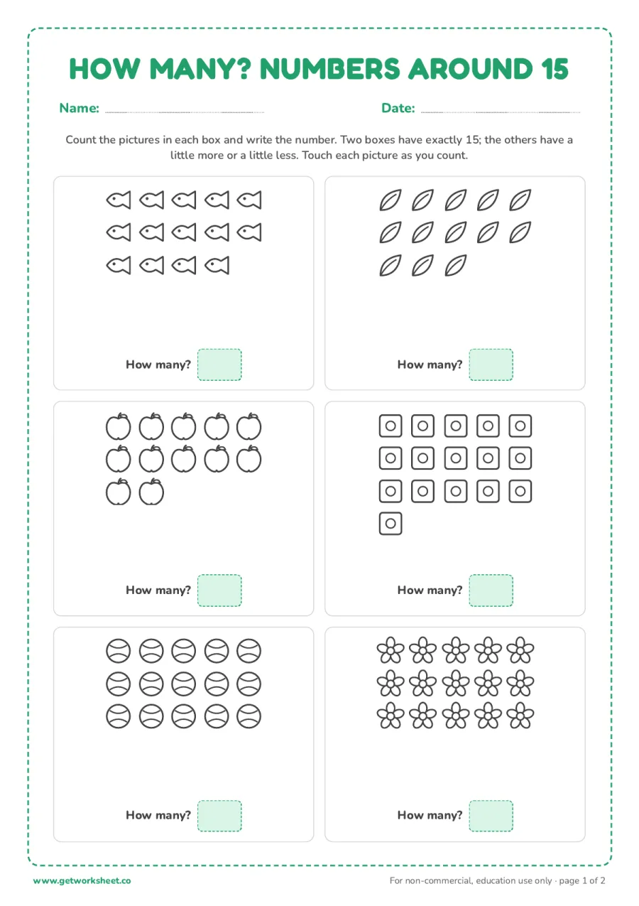 How many? Counting pictures around 15 (with answer key) – free printable PDF worksheet, page 1 preview (5 free number 15 tracing worksheets)