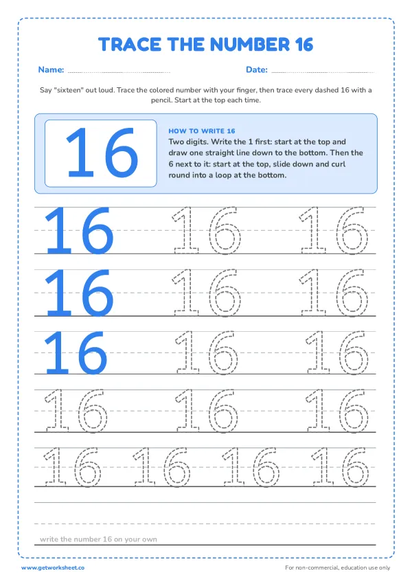 Free number 16 tracing worksheets – free printable worksheets preview