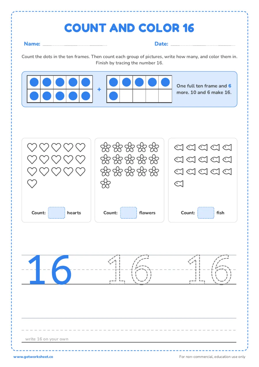 Count and color 16: ten frame and three groups Count and color 16: ten frame and three groups – free printable PDF worksheet, page 1 preview (5 free number 16 tracing worksheets)