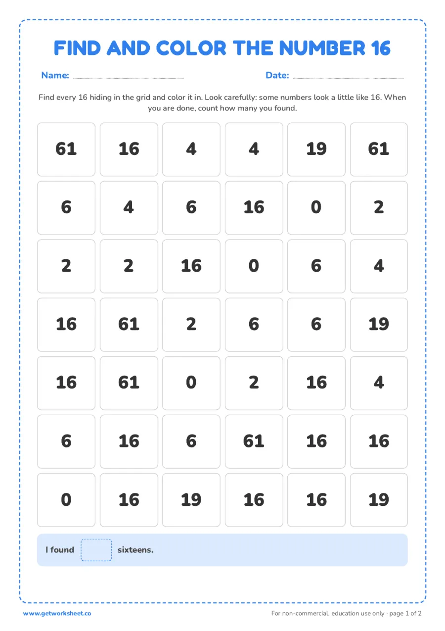 Find and color the number 16 (with answer key) Find and color the number 16 (with answer key) – free printable PDF worksheet, page 1 preview (5 free number 16 tracing worksheets)