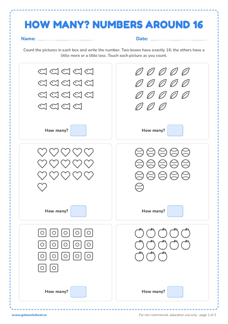How many? Counting pictures around 16 (with answer key) How many? Counting pictures around 16 (with answer key) – free printable PDF worksheet, page 1 preview (5 free number 16 tracing worksheets)