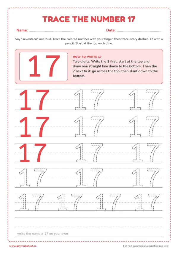 Free number 17 tracing worksheets – free printable worksheets preview