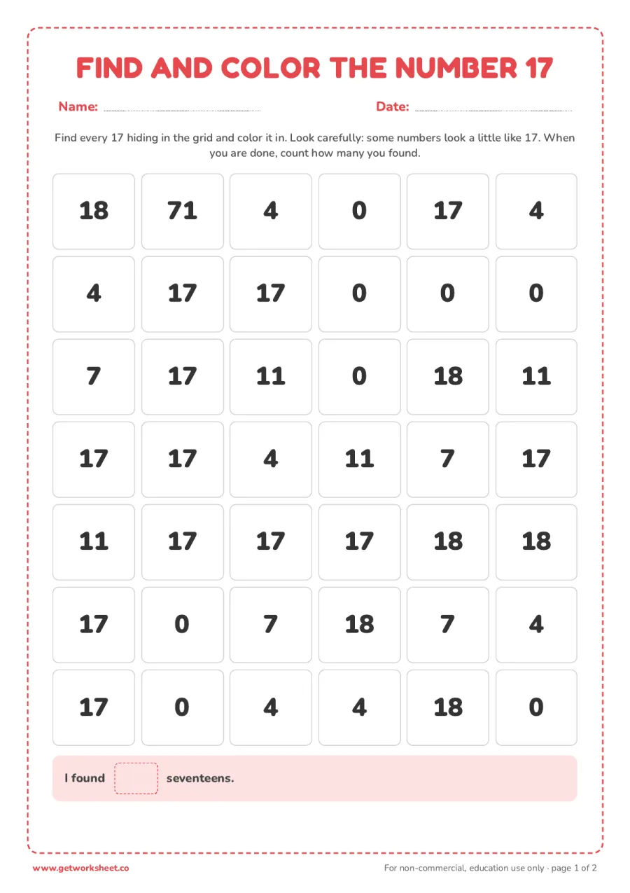 Find and color the number 17 (with answer key) – free printable PDF worksheet, page 1 preview (5 free number 17 tracing worksheets)