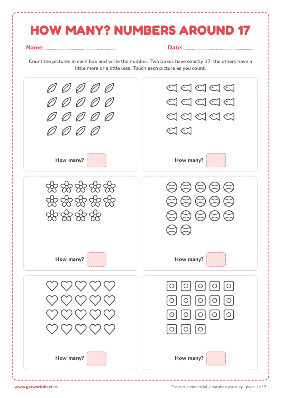 How many? Counting pictures around 17 (with answer key) – free printable PDF worksheet, page 1 preview (5 free number 17 tracing worksheets)