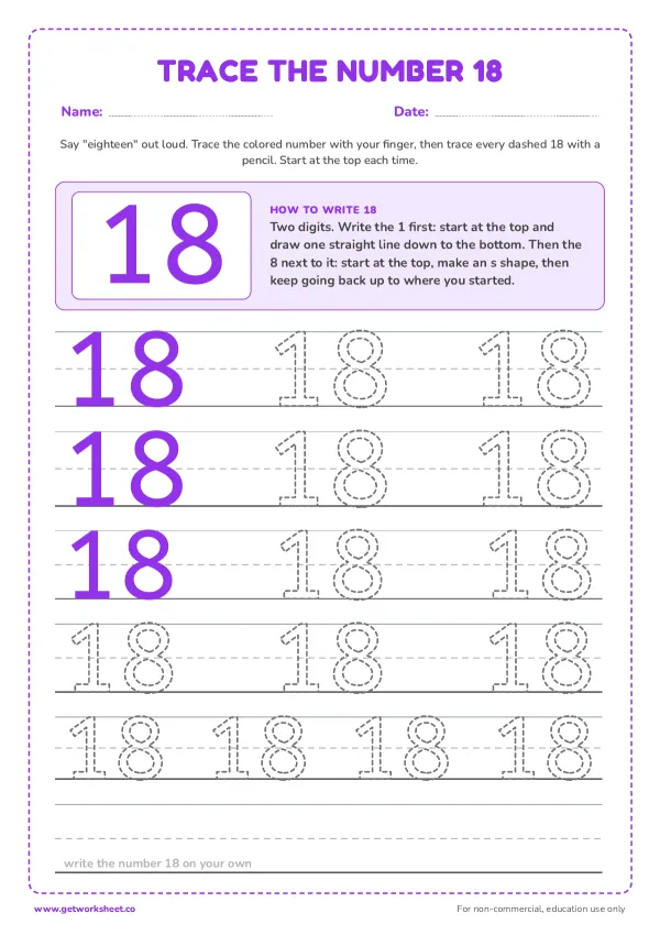 Free number 18 tracing worksheets – free printable worksheets preview