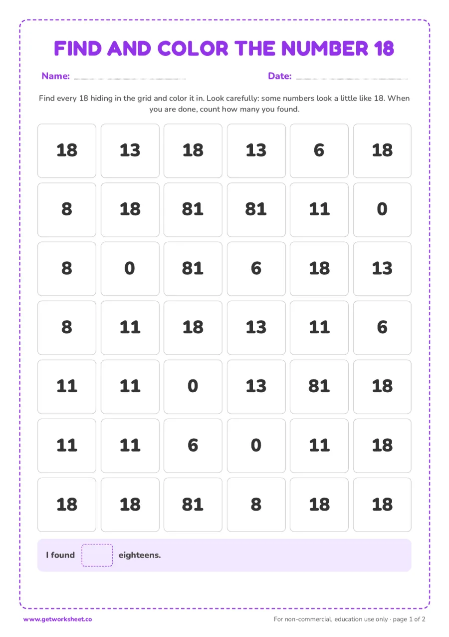 Find and color the number 18 (with answer key) – free printable PDF worksheet, page 1 preview (5 free number 18 tracing worksheets)