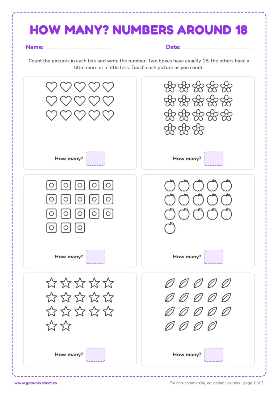 How many? Counting pictures around 18 (with answer key) – free printable PDF worksheet, page 1 preview (5 free number 18 tracing worksheets)