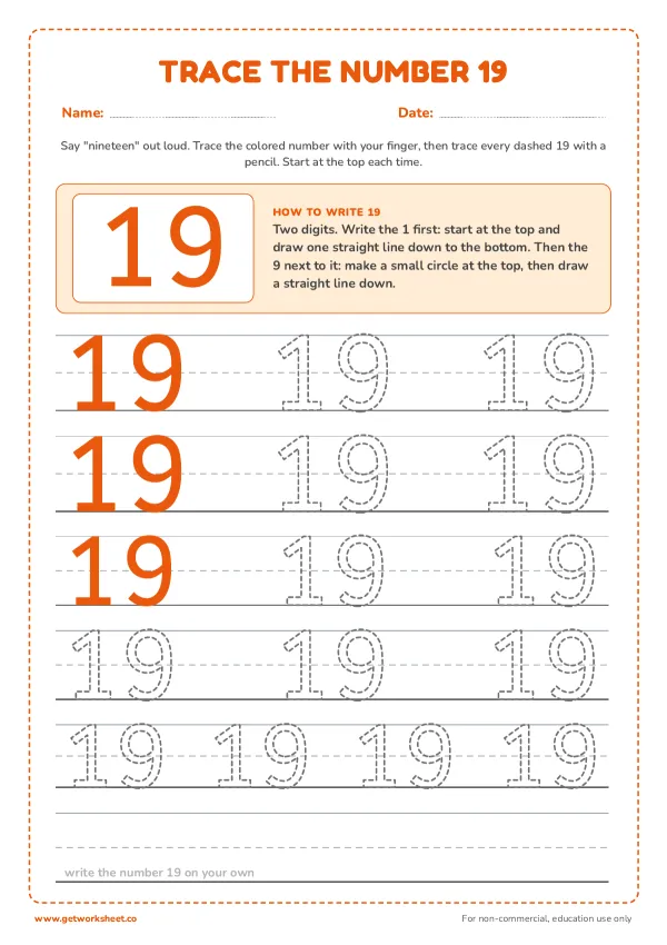 Free number 19 tracing worksheets – free printable worksheets preview