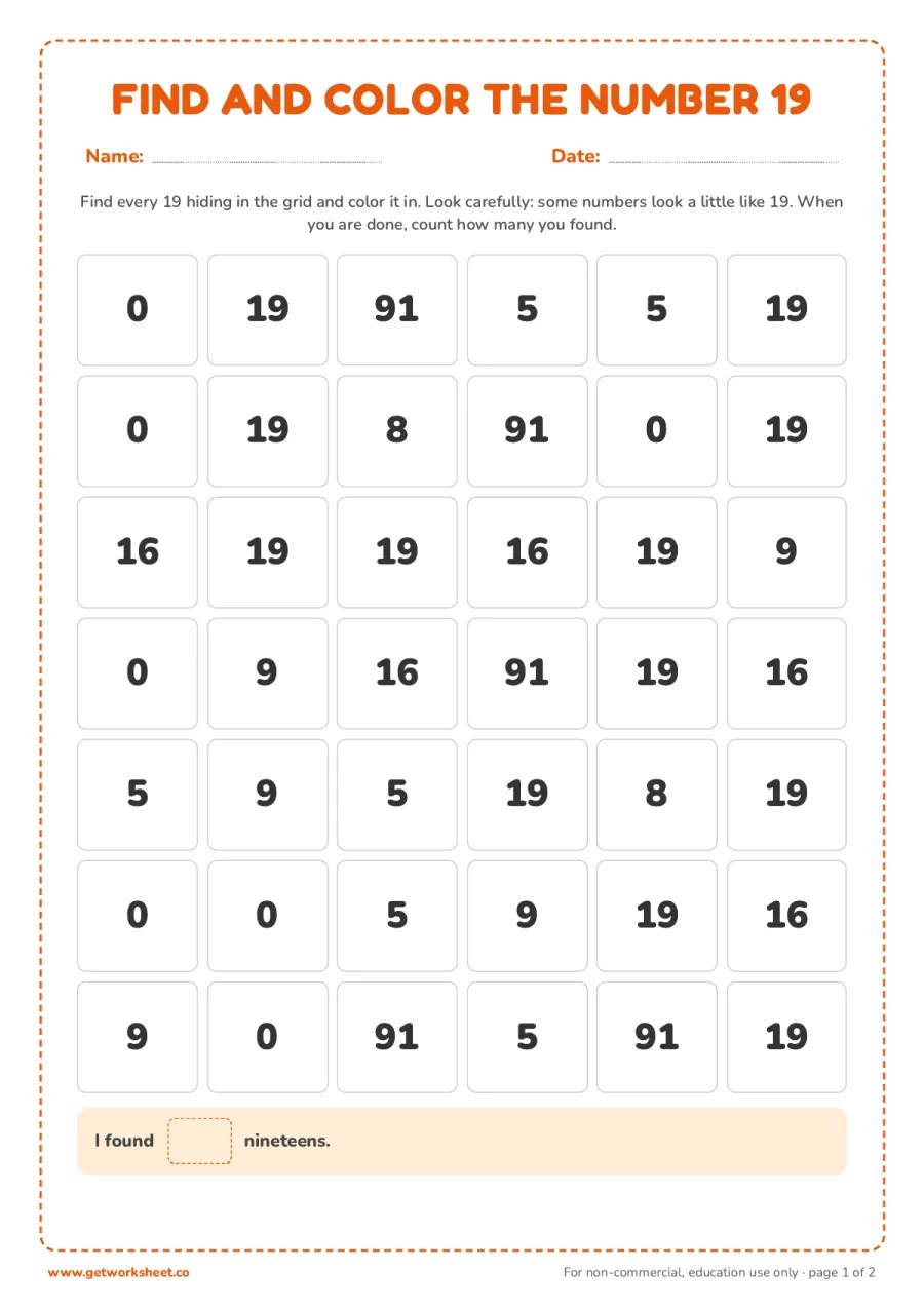 Find and color the number 19 (with answer key) – free printable PDF worksheet, page 1 preview (5 free number 19 tracing worksheets)