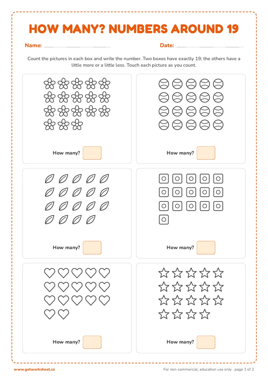 How many? Counting pictures around 19 (with answer key) – free printable PDF worksheet, page 1 preview (5 free number 19 tracing worksheets)